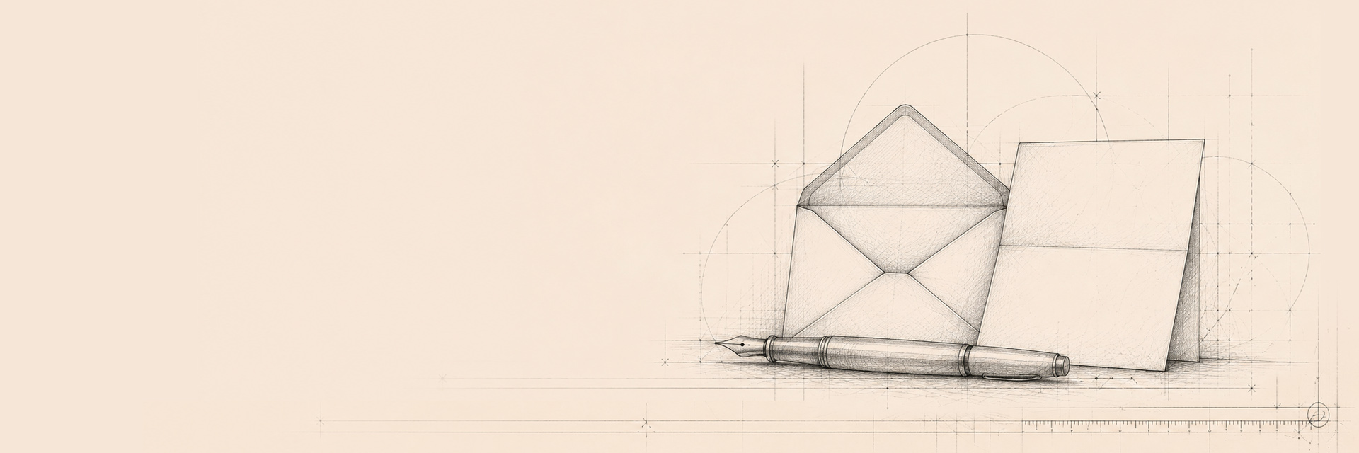 Sketch-style composition with envelope, stationery, and pen